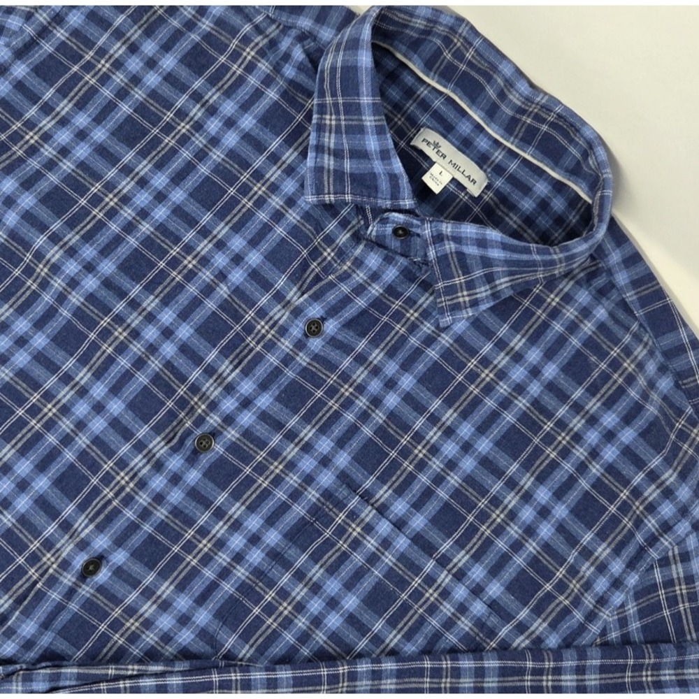Peter Millar Thetford Mines Cotton Sport Shirt Mens Large Blue Plaid Long Sleeve